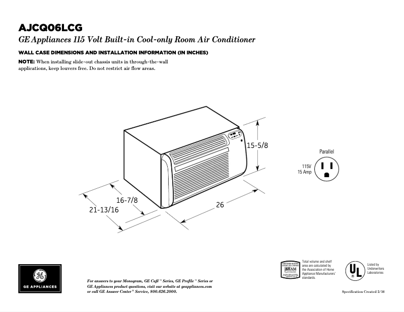 Page 1 de la notice Fiche technique GE AJCQ06LCG