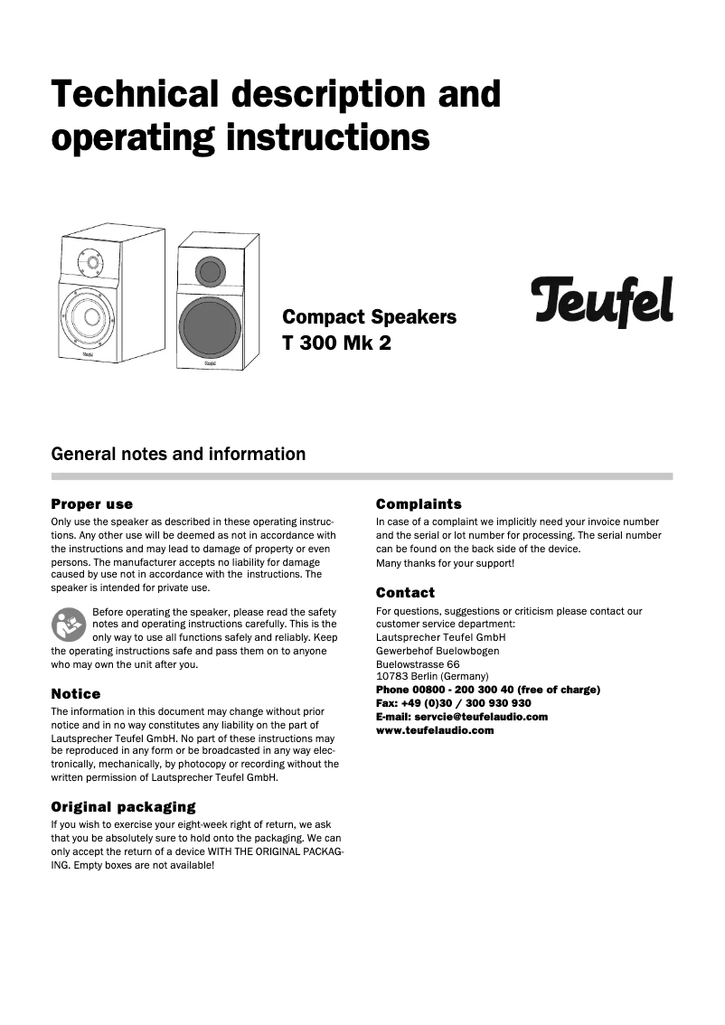 Page 1 de la notice Manuel utilisateur Teufel T 300 Mk2