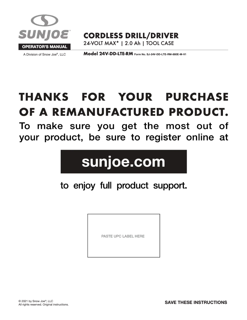 Page n°1 - Manuel utilisateur Sun Joe 24V-DD-LTE-BLK-RM