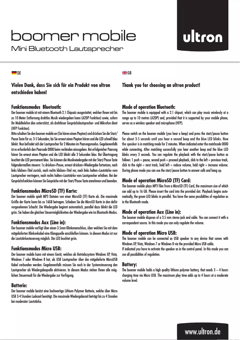 Page n°1 - Manuel utilisateur Ultron Boomer Mobile