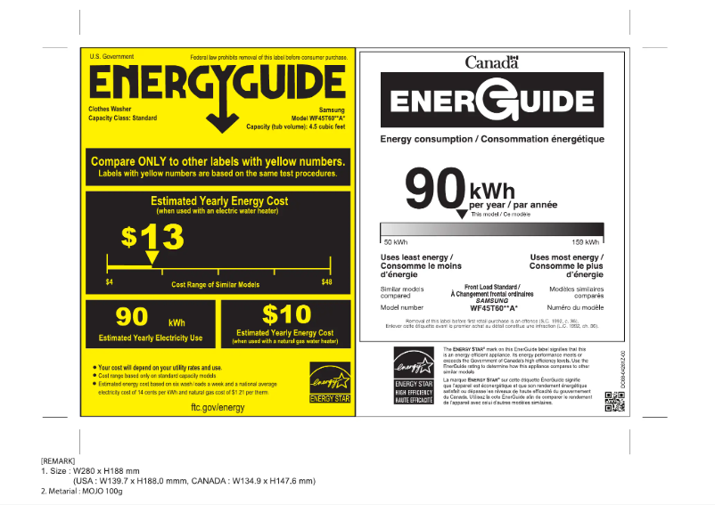 Page 1 de la notice Label énergétique Samsung WF45T6000AW