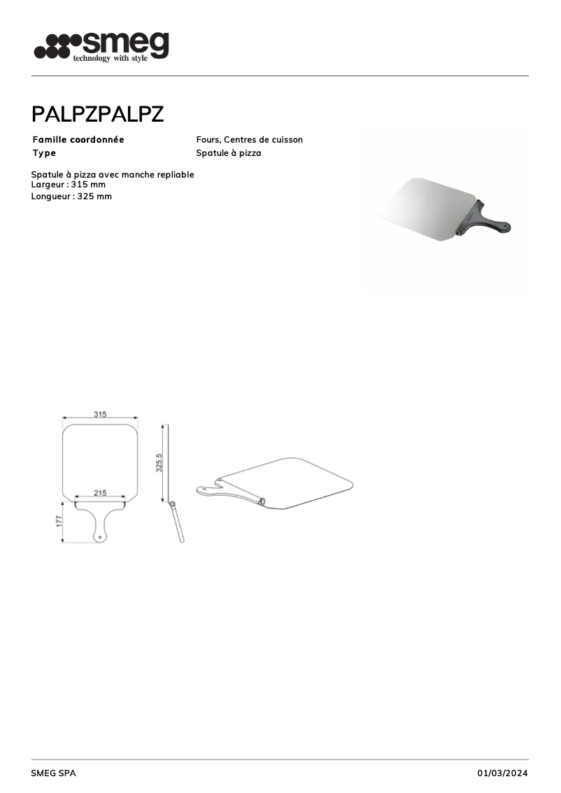 Page 1 de la notice Fiche technique Smeg PALPZ