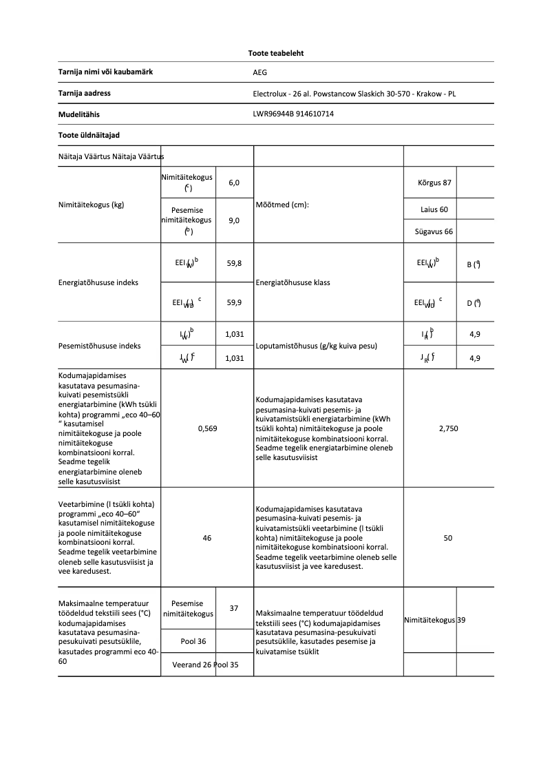 Page 1 de la notice Fiche technique AEG LWR96944B