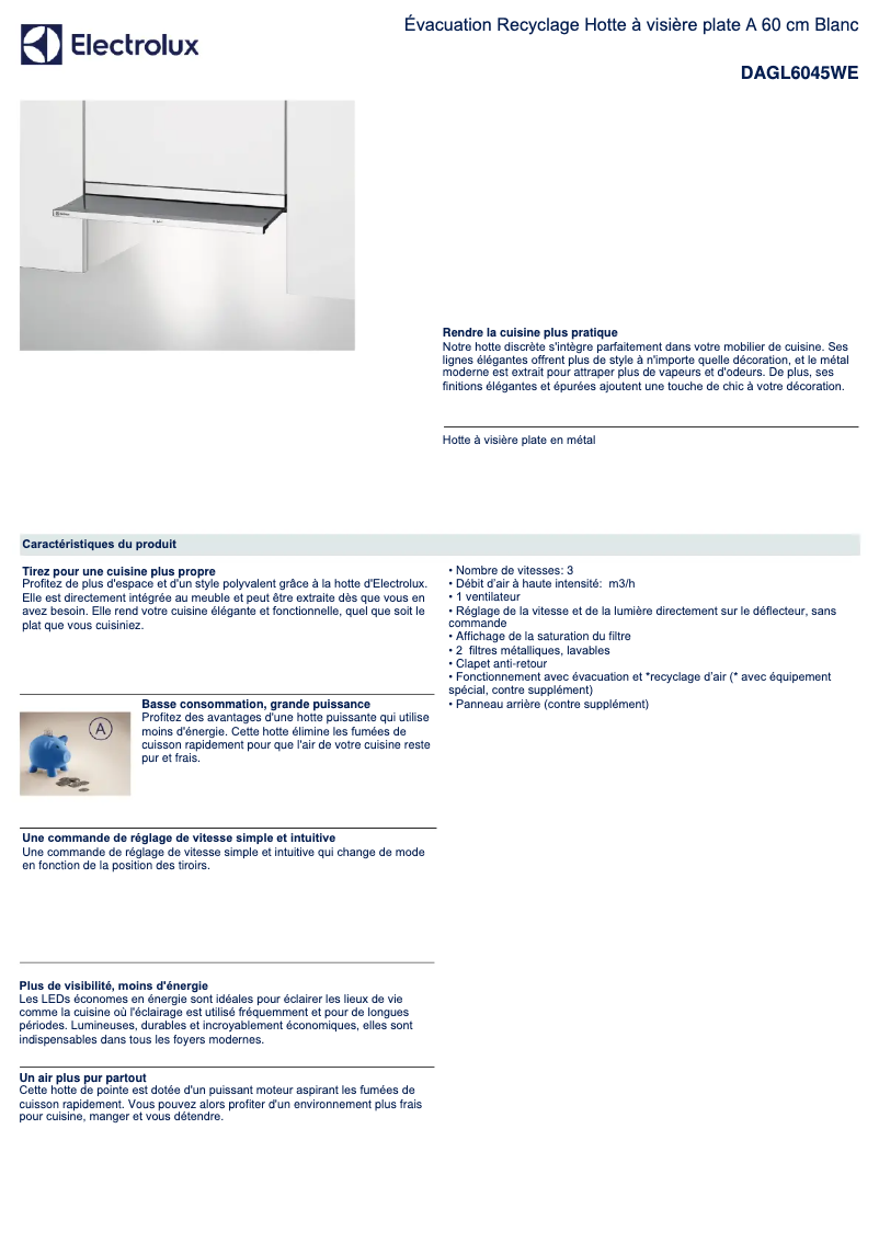 Page 1 de la notice Fiche technique Electrolux DAGL6045WE