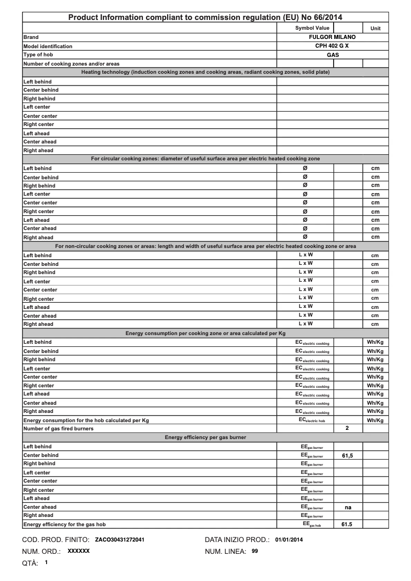 Page 1 de la notice Label énergétique Fulgor Milano CPH 402 G X