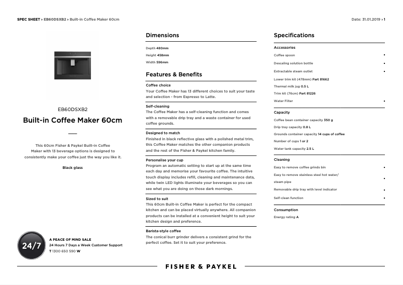Page 1 de la notice Fiche technique Fisher & Paykel EB60