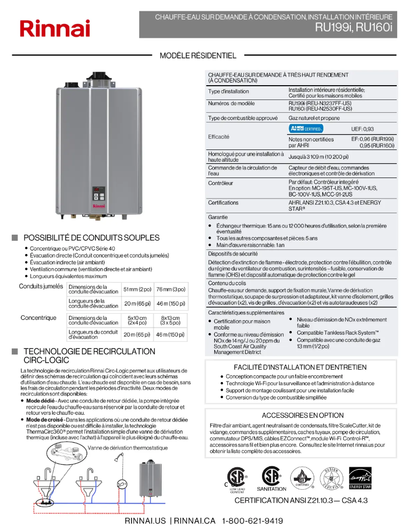 Page n°1 - Fiche technique Rinnai RUR199iP