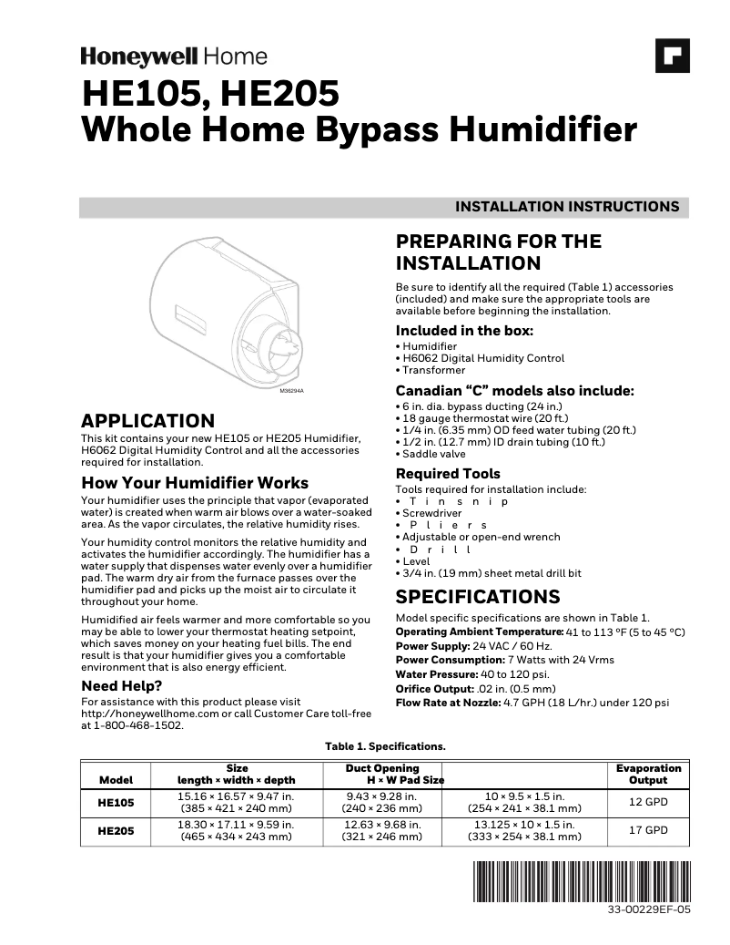 Page 1 de la notice Guide d'installation Honeywell HE205A1000