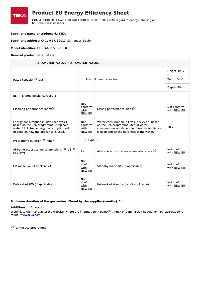 Page 1 de la notice Label énergétique Teka DFS 24650