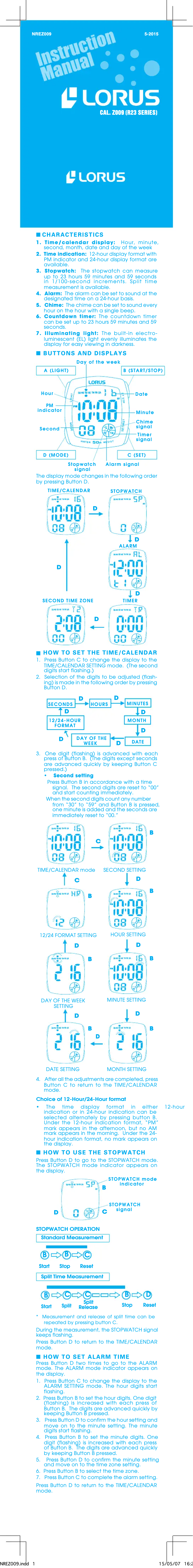 Page 1 de la notice Manuel utilisateur Lorus R2302HX9