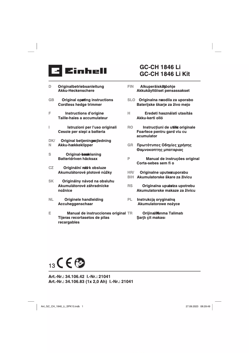 Page n°1 - Manuel utilisateur Einhell GC-CH 1846 Li-Solo