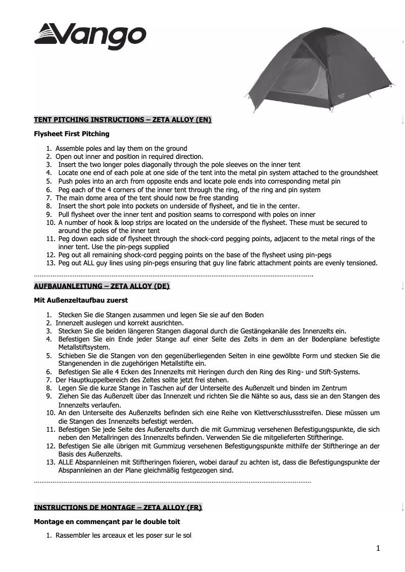 Page 1 de la notice Manuel utilisateur Vango Zeta 300+ Alloy
