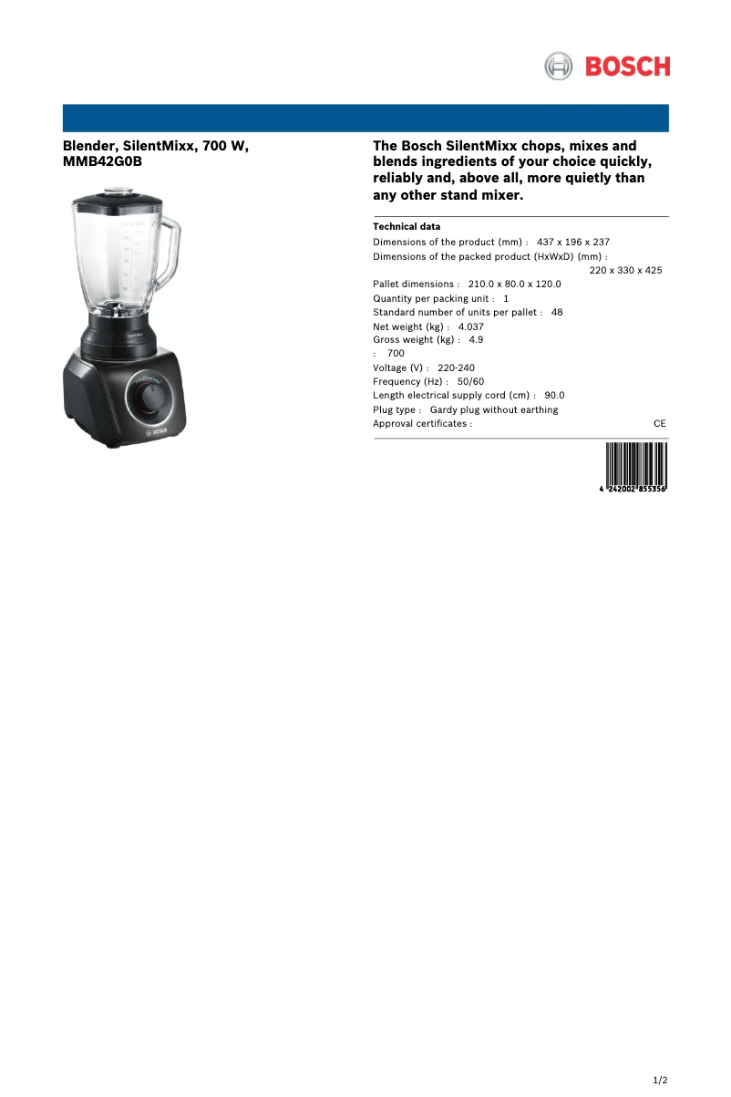 Page 1 de la notice Fiche technique Bosch SilentMixx MMB42G0B