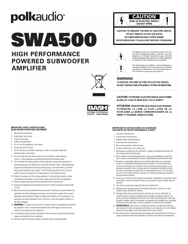 Page 1 de la notice Manuel utilisateur Polk SWA500