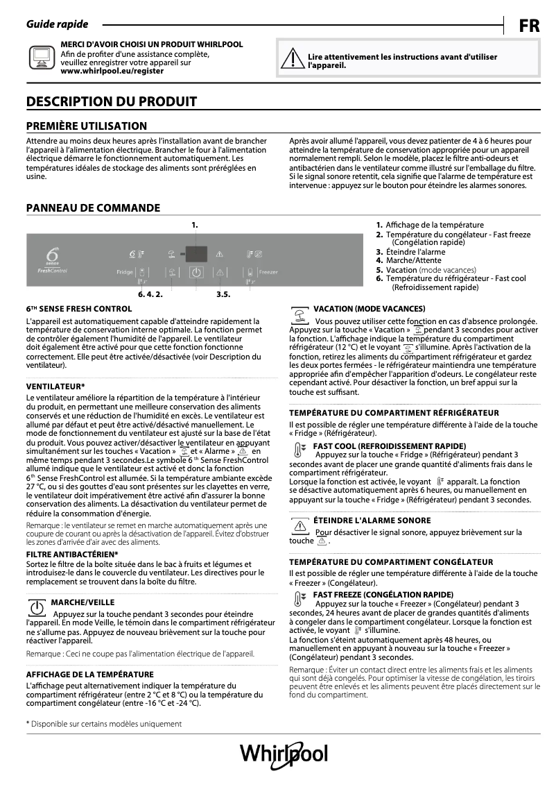Page 1 de la notice Manuel utilisateur Whirlpool ART 8910/A+ SF
