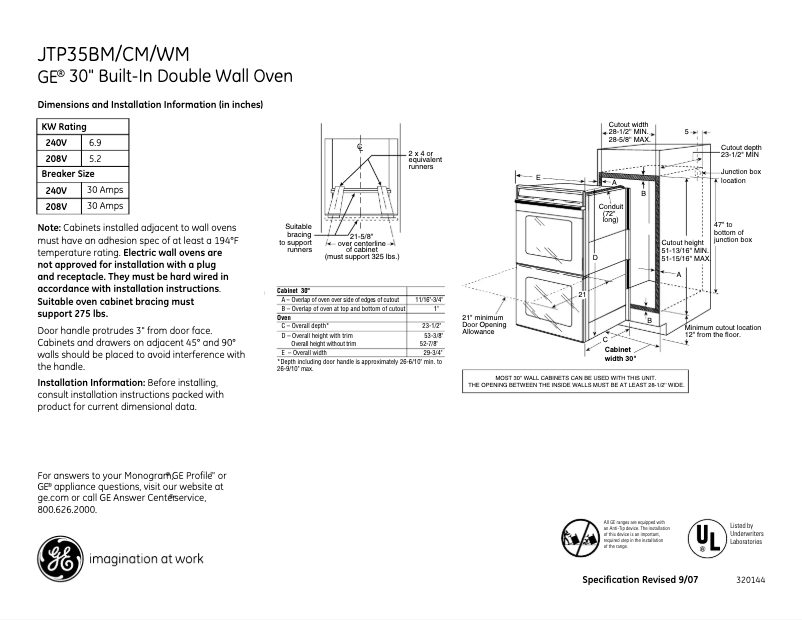 Page 1 de la notice Fiche technique GE JTP35WMWW