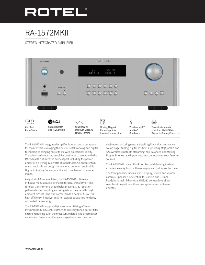 Page 1 de la notice Fiche technique Rotel RA-1572MKII