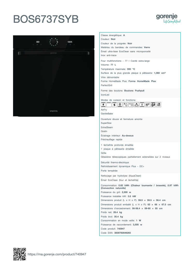 Page n°1 - Fiche technique Gorenje BOS6737SYB
