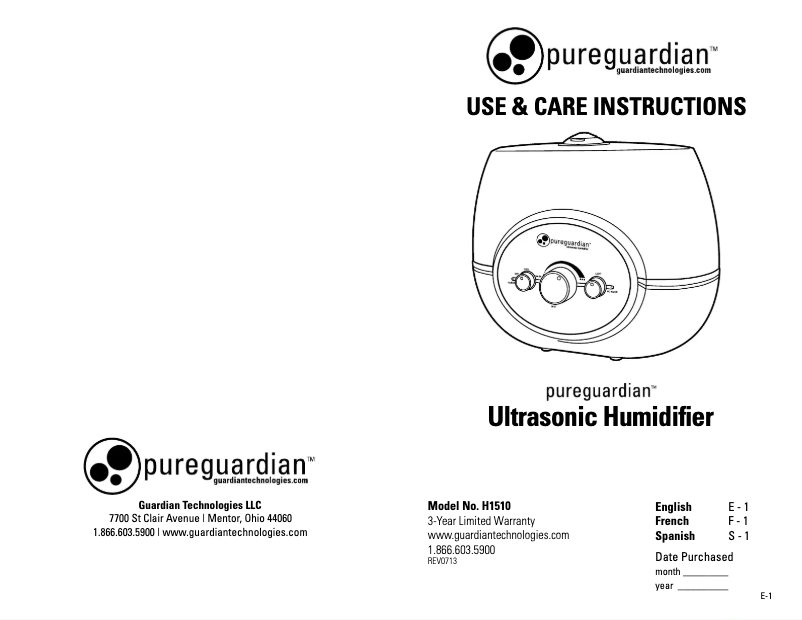 Página 1 del manual Manual de uso y mantenimiento PureGuardian H1510