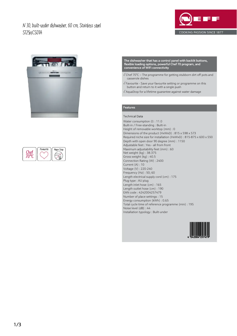 Page n°1 - Fiche technique Neff S125HCS01A