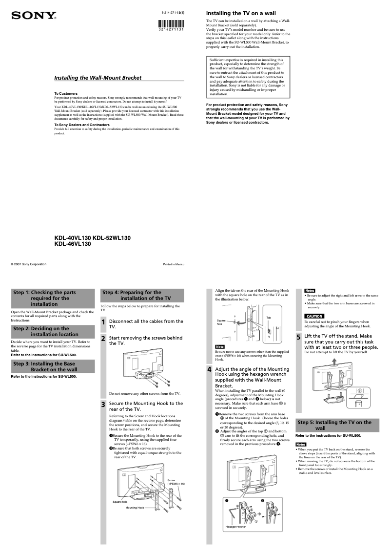 Page n°1 - Guide d'installation Sony Bravia KDL-46VL130