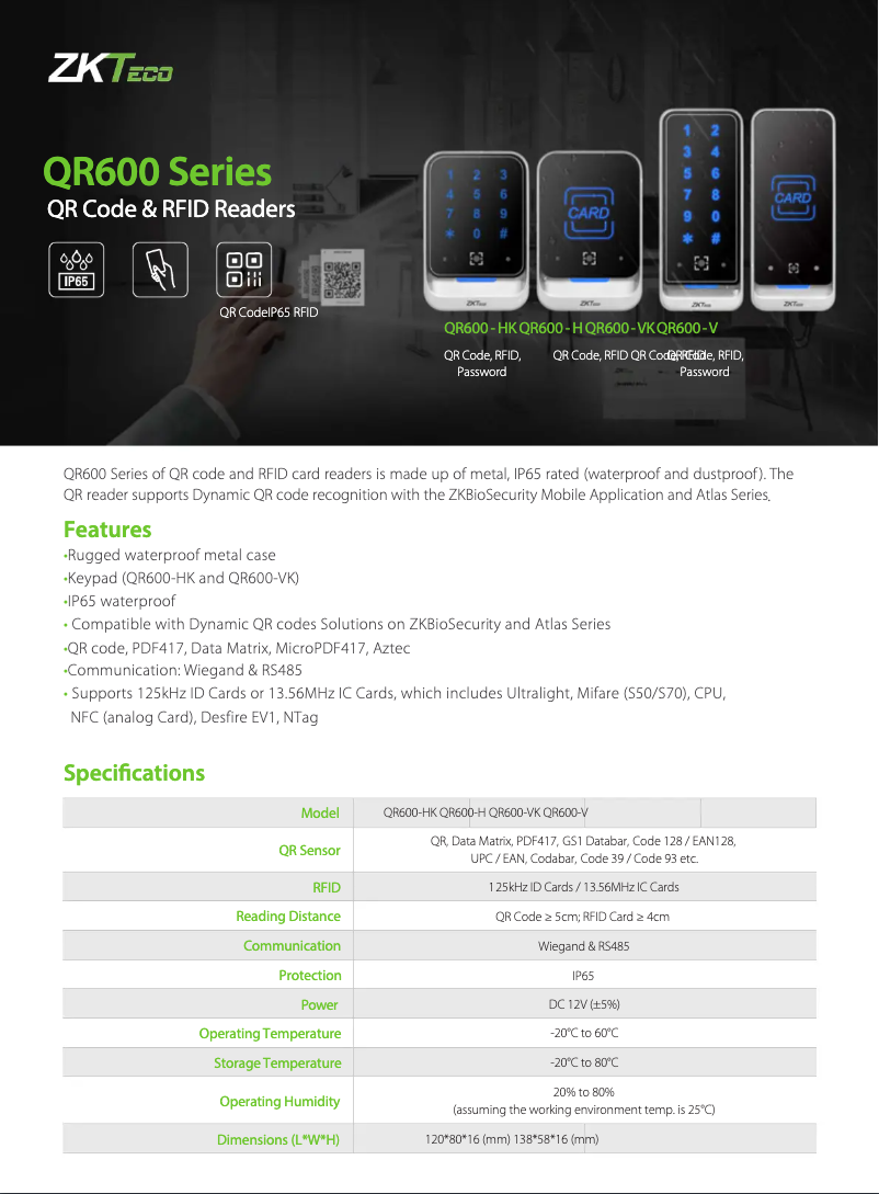 Page 1 de la notice Fiche technique ZKTeco QR600