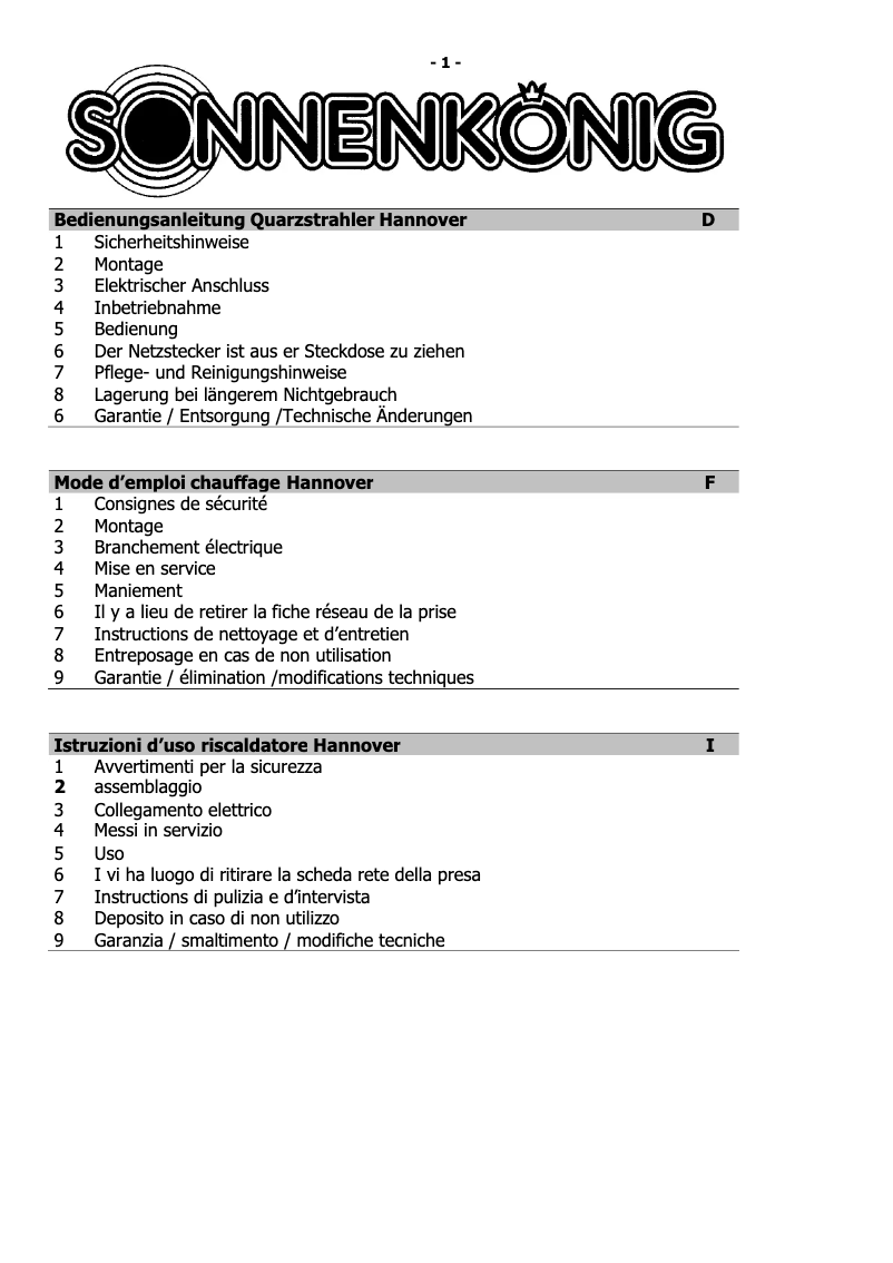 Page 1 de la notice Manuel utilisateur Sonnenkönig Hannover