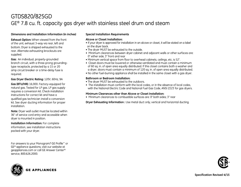 Page 1 de la notice Fiche technique GE GTDS820GDWS