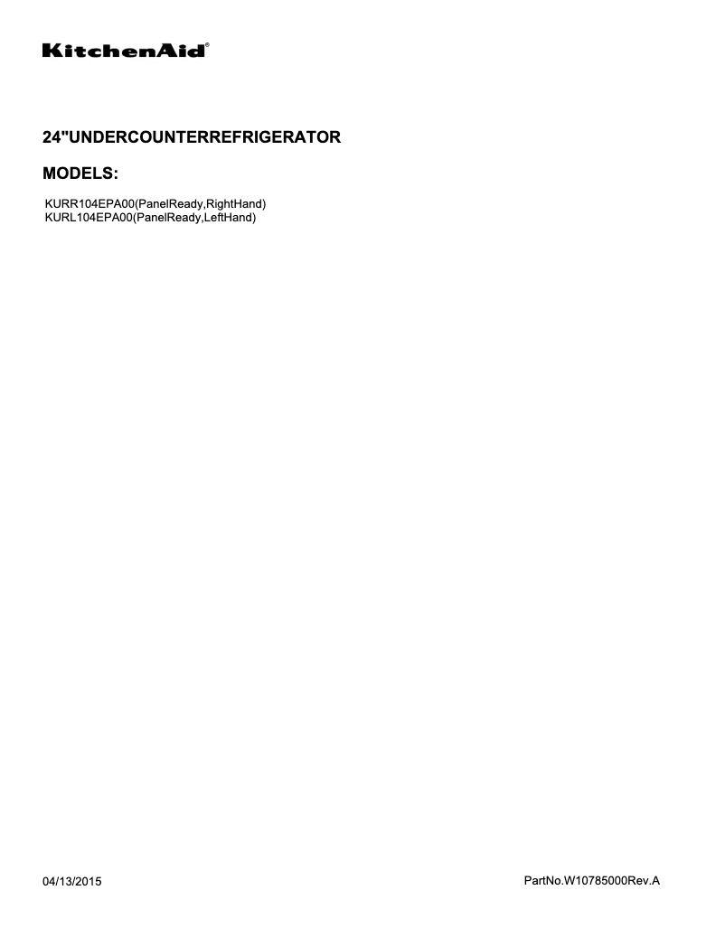 Page 1 de la notice Guide d'installation KitchenAid KURL104E