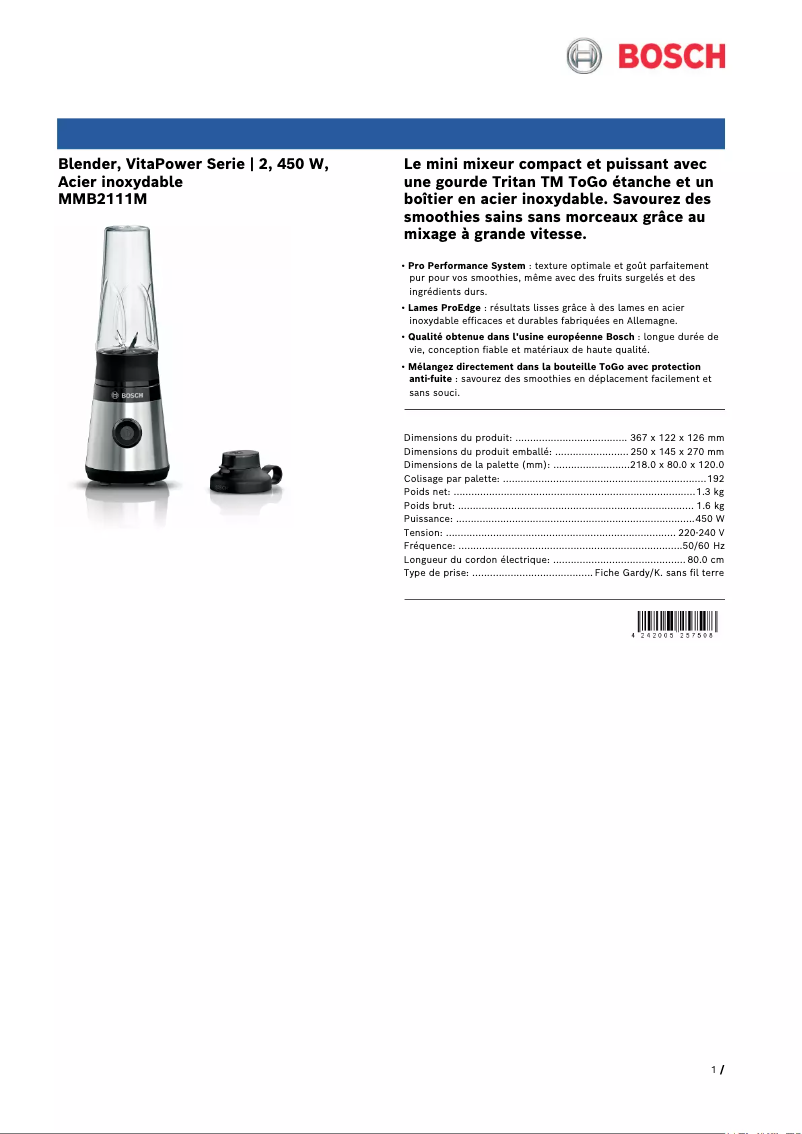 Page n°1 - Fiche technique Bosch VitaPower MMB2111M