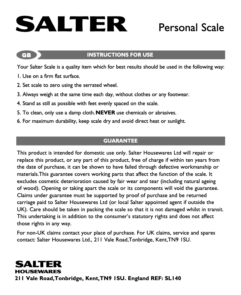 Page 1 de la notice Manuel utilisateur Salter SL140