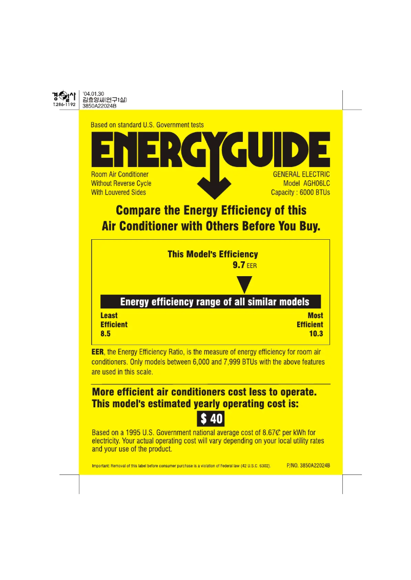 Page 1 de la notice Label énergétique GE AGH06LC