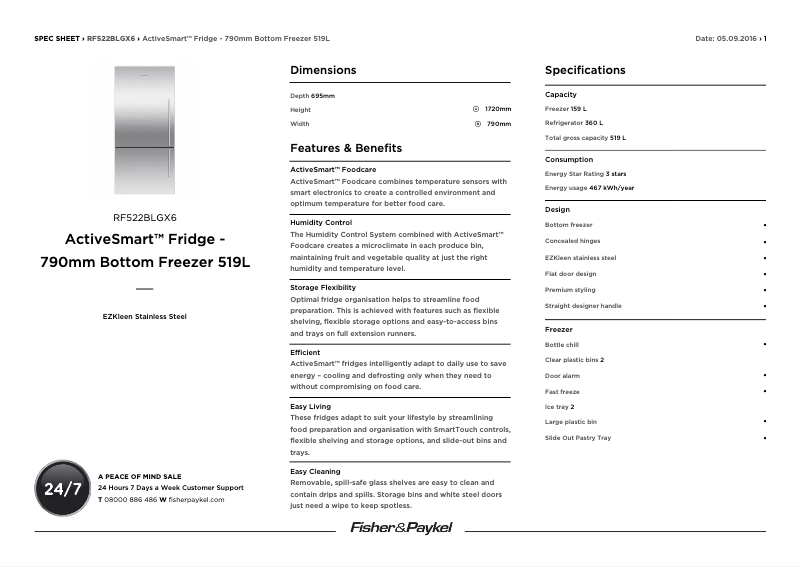 Page 1 de la notice Fiche technique Fisher & Paykel RF522BLGX6