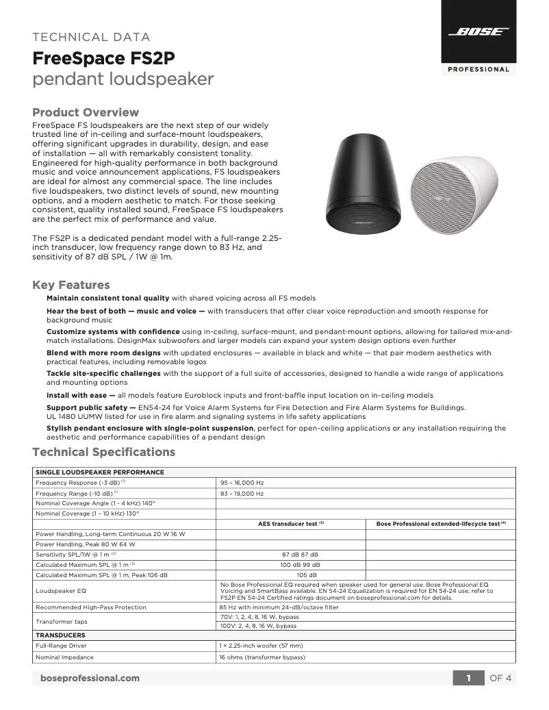 Page 1 de la notice Fiche technique Bose FreeSpace FS2P
