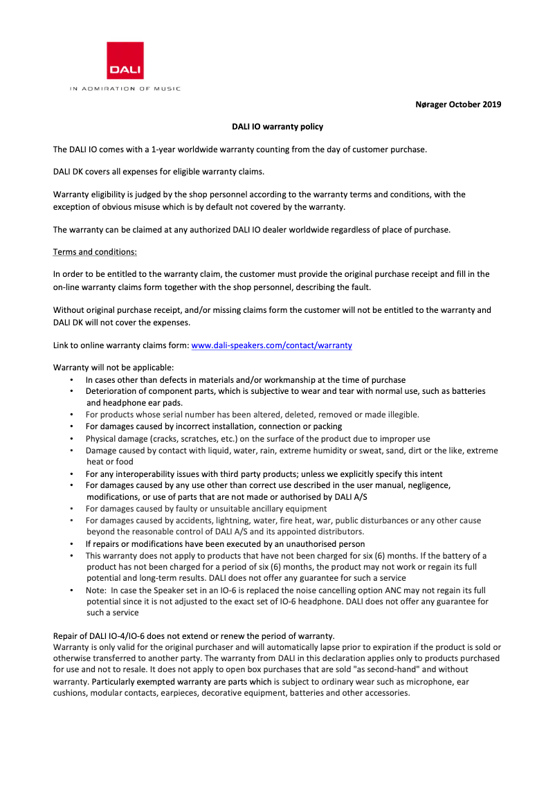 Page 1 de la notice Informations de garantie Dali iO-6