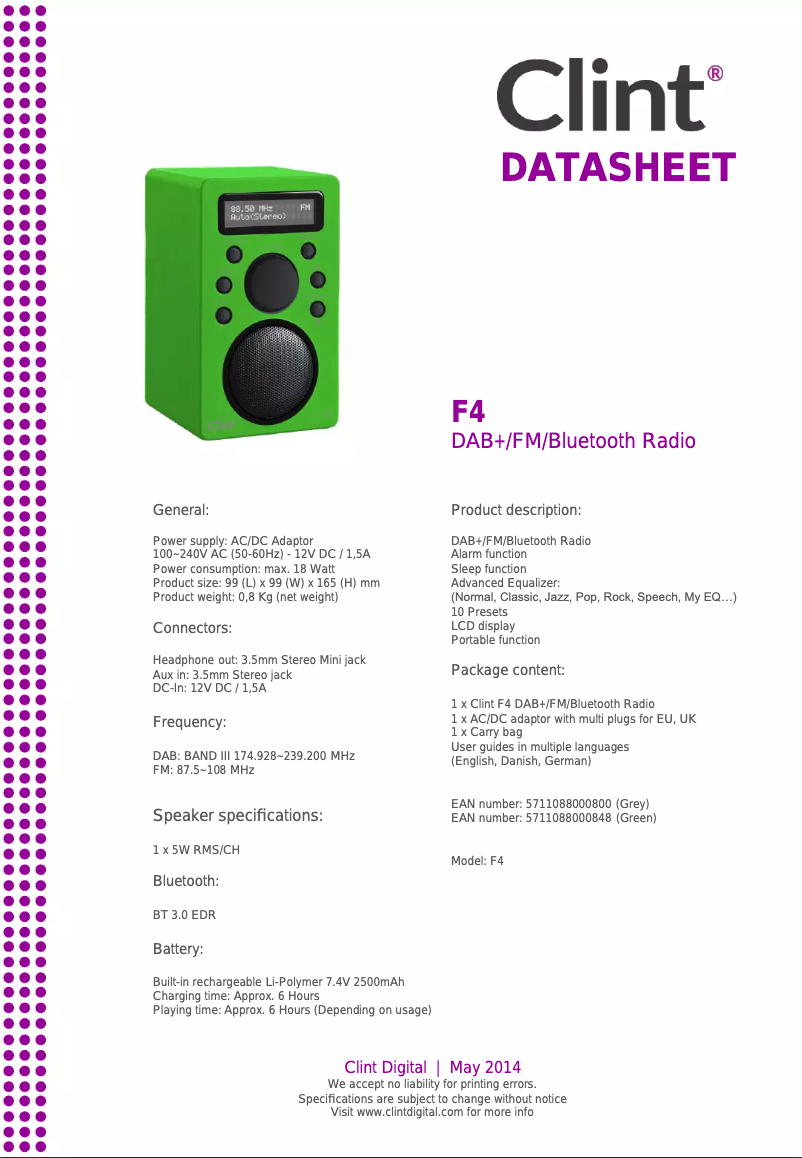 Page 1 de la notice Fiche technique Clint F4