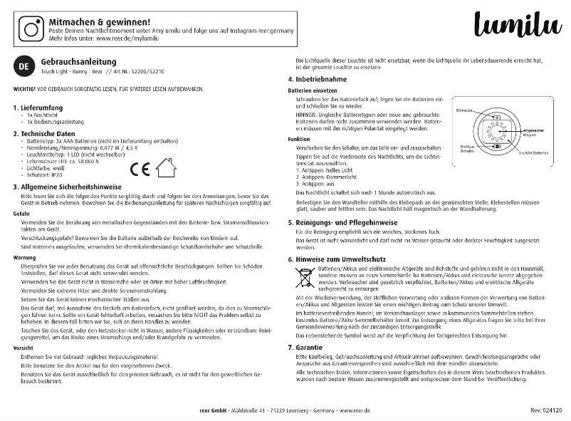 Image de la première page du manuel de l'appareil lumilu Touch Light 52200