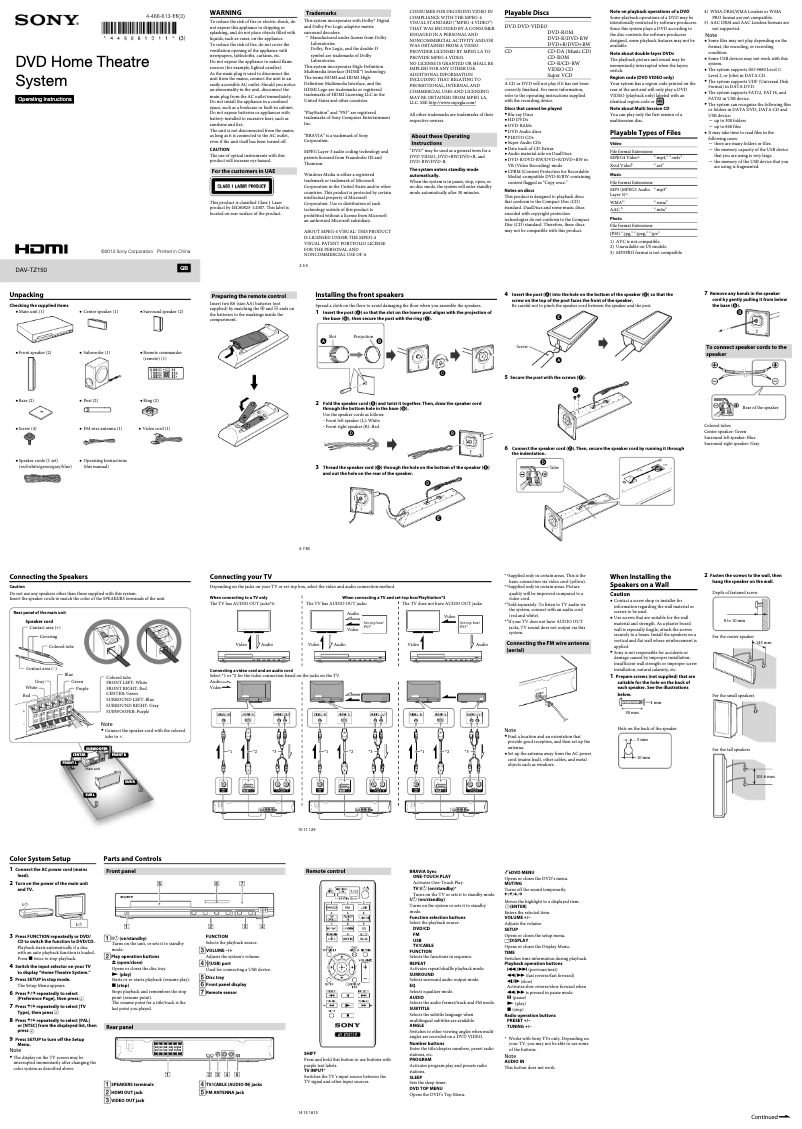 Page 1 de la notice Manuel utilisateur Sony DAV-TZ150