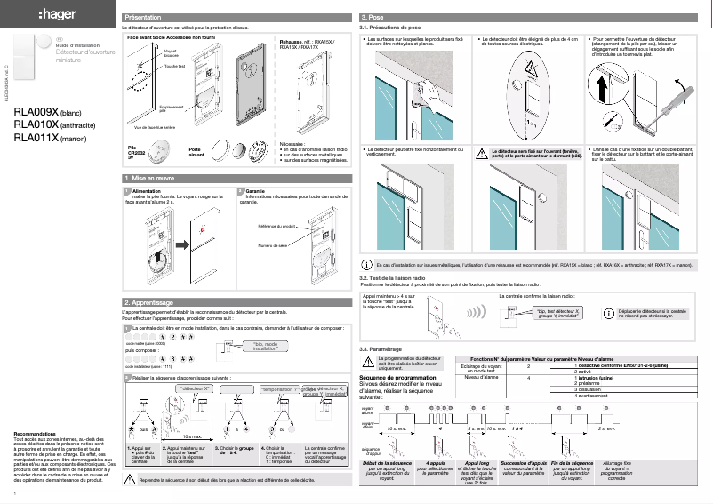 Page 1 de la notice Manuel utilisateur Hager RLA010X