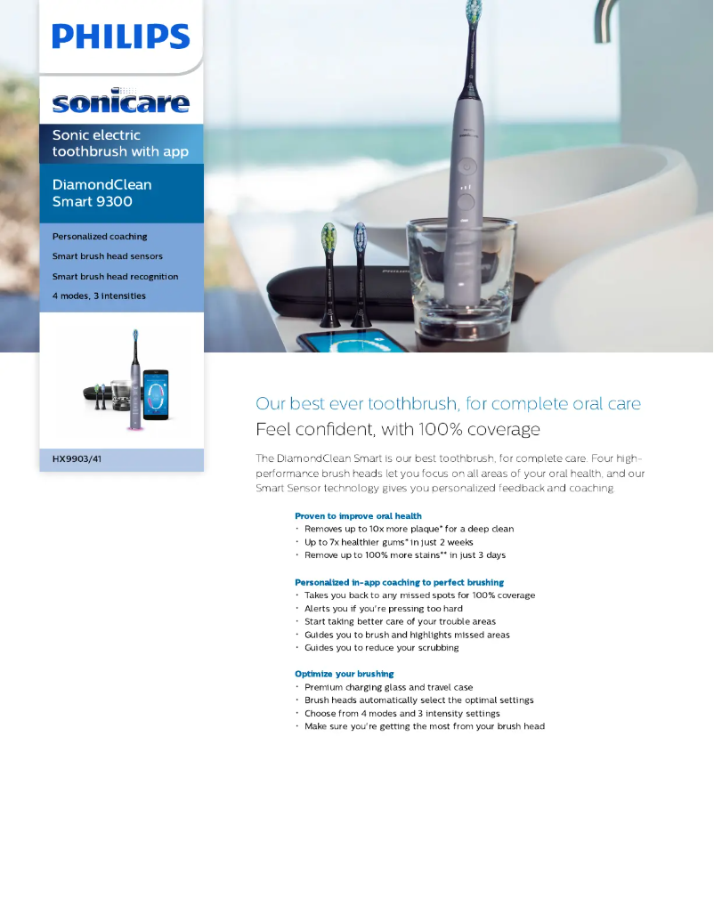 Page 1 de la notice Fiche technique Philips Sonicare DiamondClean Smart HX9903