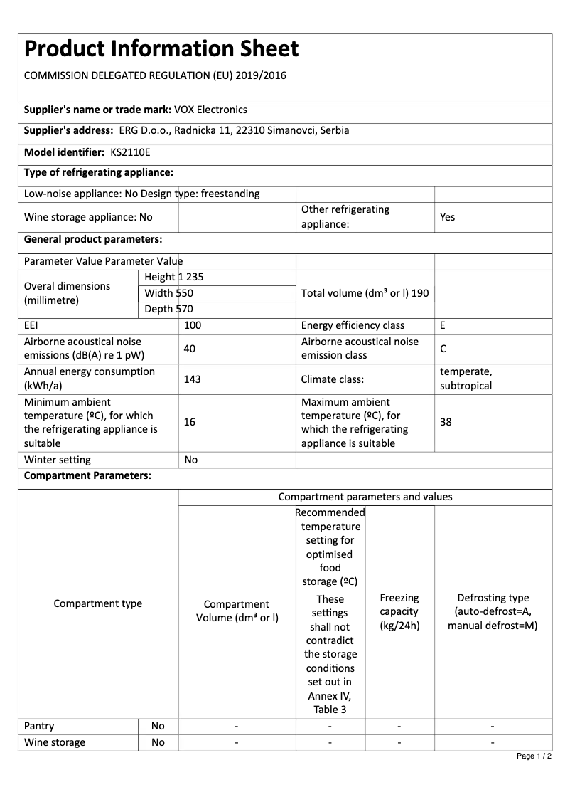 Página 1 del manual Ficha técnica VOX KS 2110 E