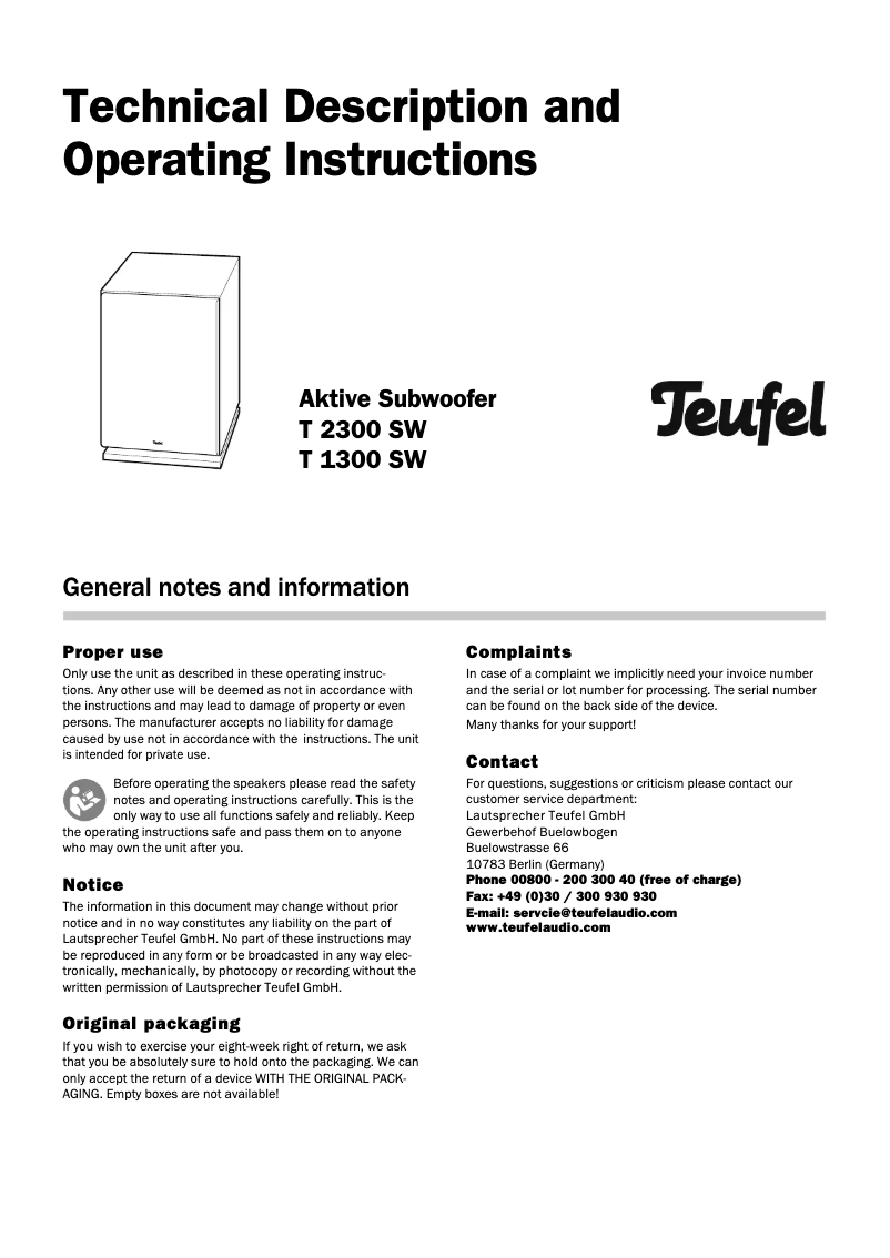 Page n°1 - Manuel utilisateur Teufel T 2300 SW