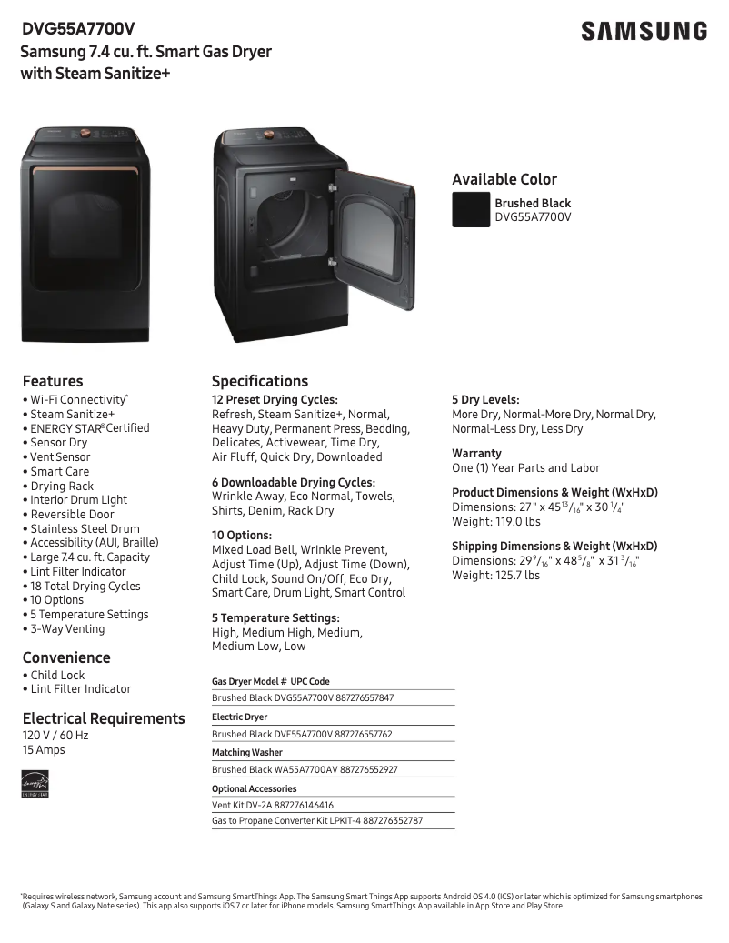 Page 1 de la notice Fiche technique Samsung DVG55A7700V