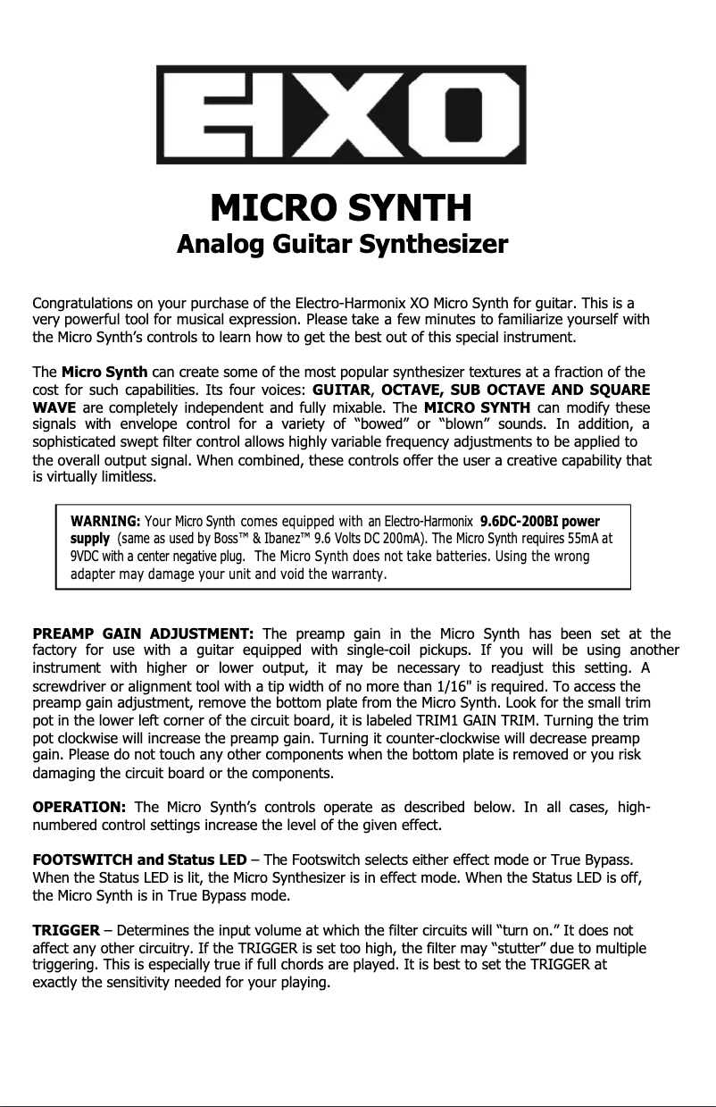 Page n°1 - Manuel utilisateur Electro Harmonix Micro Synth