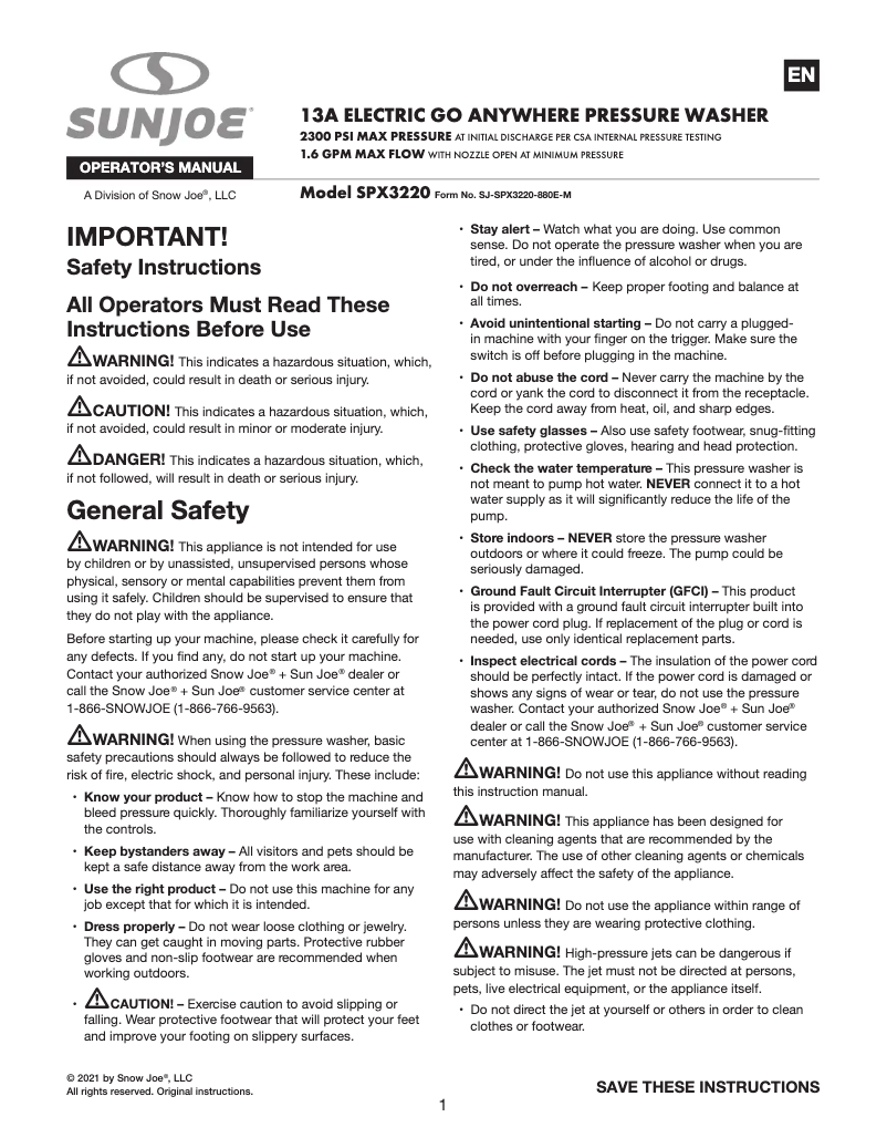 Page n°1 - Manuel utilisateur Sun Joe BDL-A0003