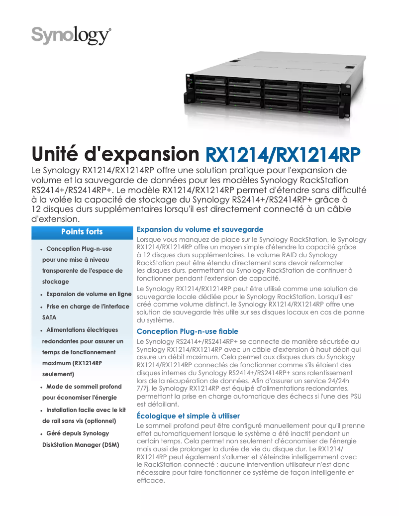 Page 1 de la notice Fiche technique Synology RX1214