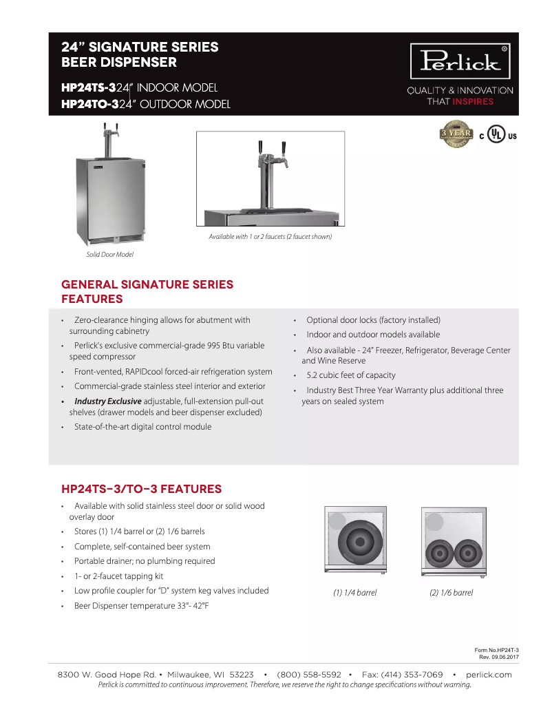 Page 1 de la notice Fiche technique Perlick HP24TO-3-1R2