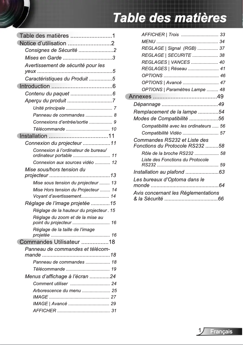 Page 1 de la notice Manuel utilisateur Optoma EW762