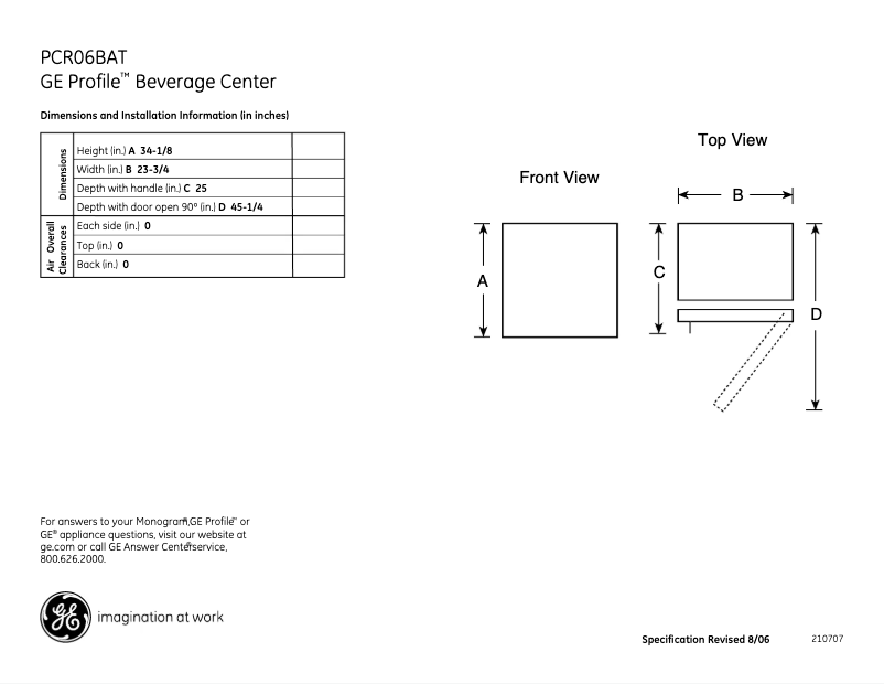 Page 1 de la notice Fiche technique GE Profile PCR06BATSS
