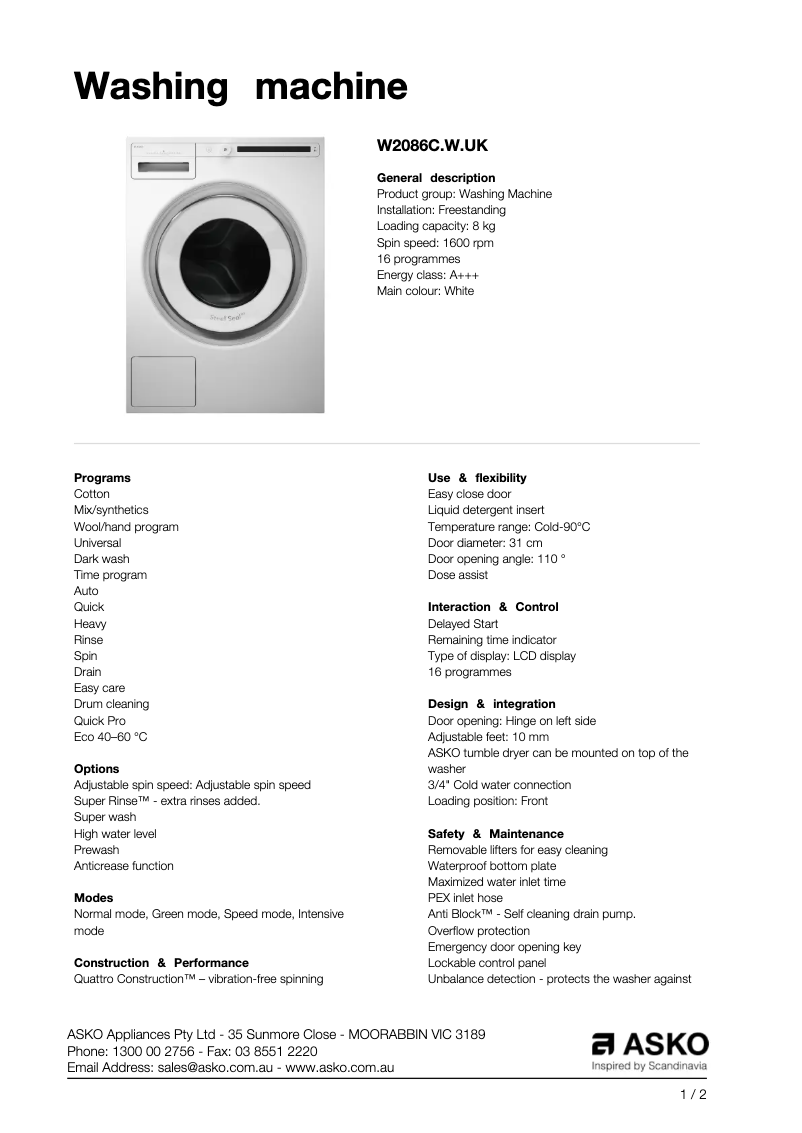 Image de la première page du manuel de l'appareil W2086C